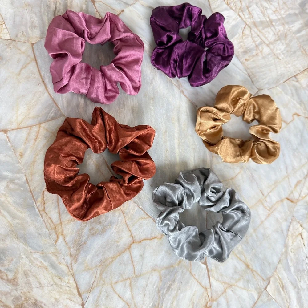 Set of 5 Satin Scrunchies in Pink, Purple, Rust, Gold & Silver